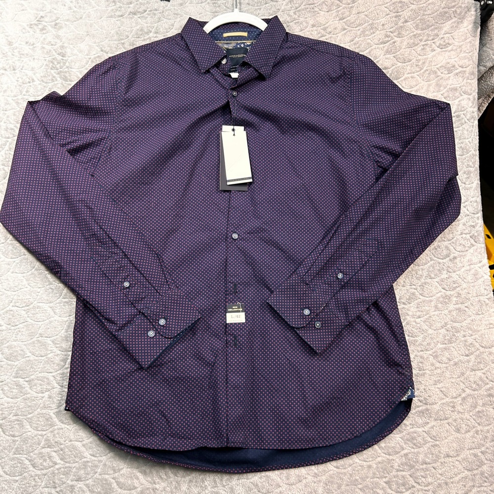 DENIM & FLOWER RICKY SINGH Mens Navy Red Micro Dot Long Sleeve Button Up Shirt L